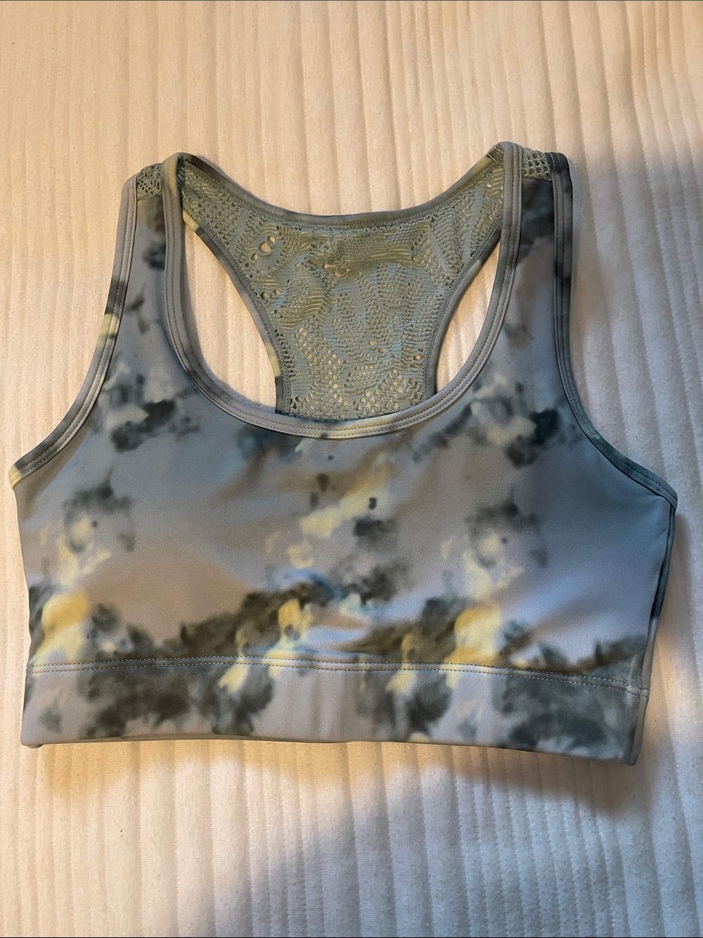 Tie-Dye Lace-Back Sports Bra in Sage and Gray